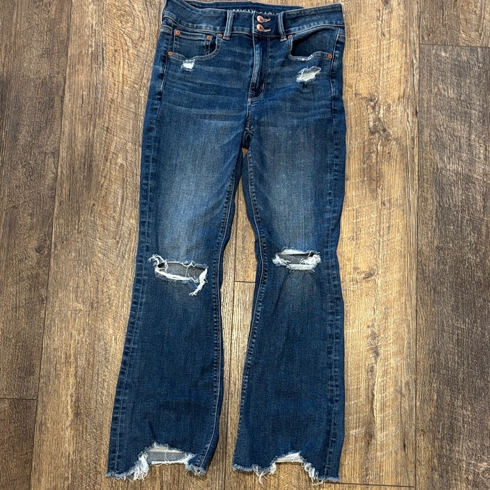 American Eagle Outfitters EUC Dark Blue Distressed Flare Jeans